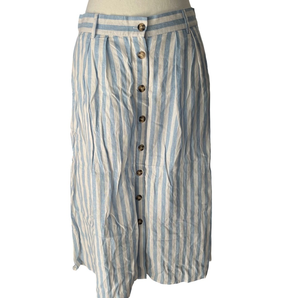 Everly Blue White Striped Linen Blend Button Front Midi Skirt Womens Large‎